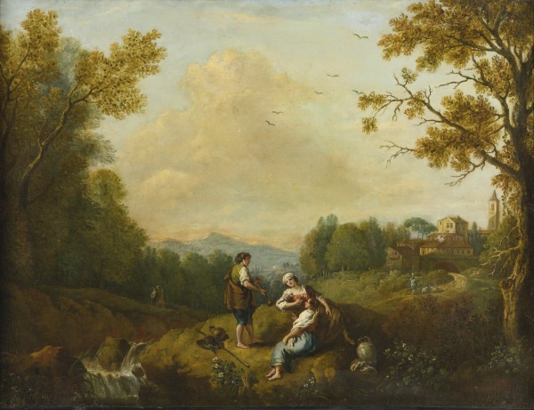 Italian river landscape with three figures by Francesco Zuccarelli